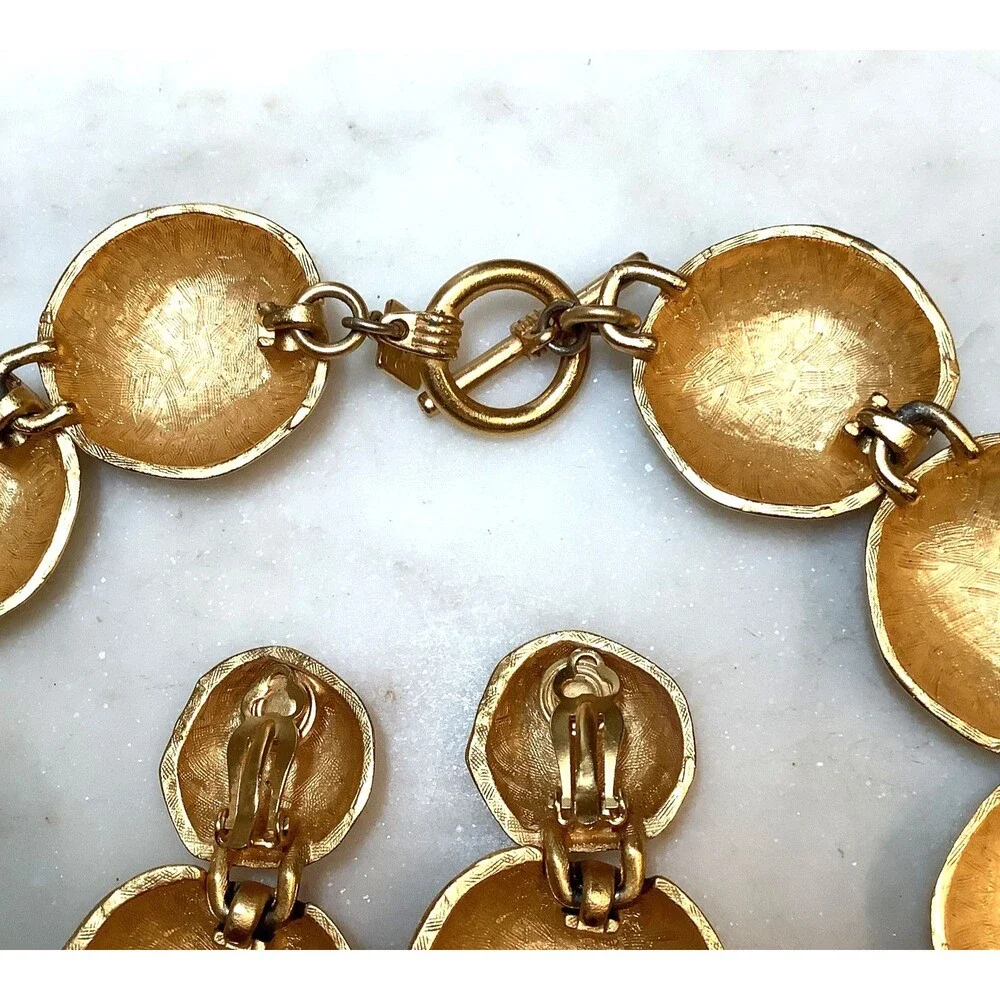 Vintage Anne Klein Necklace Earrings Set Chunky Bib Brushed Gold Collar Signed